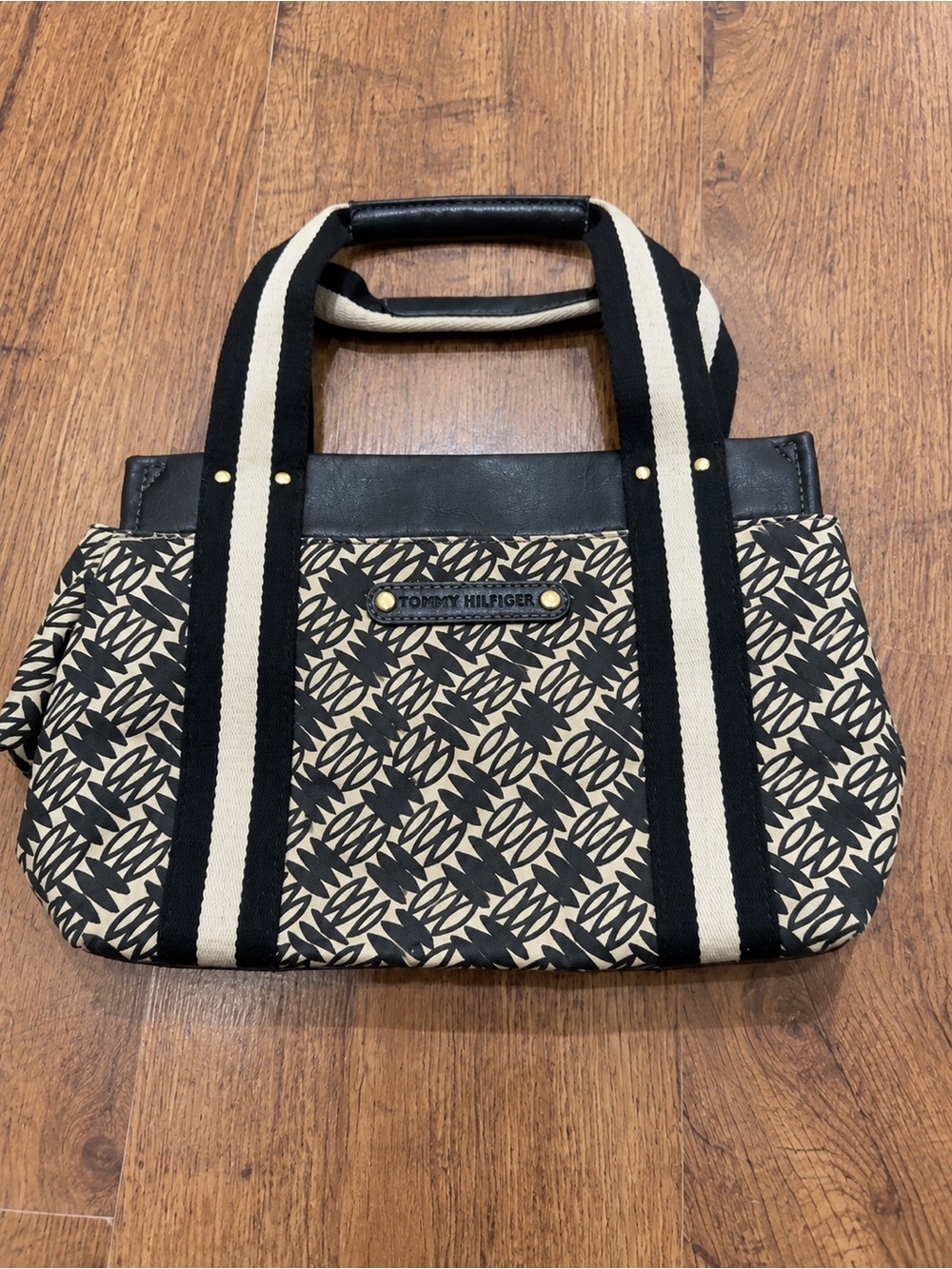 Y2K Tommy Hilfiger Black & Cream Printed Tote Bag small purse from 2010